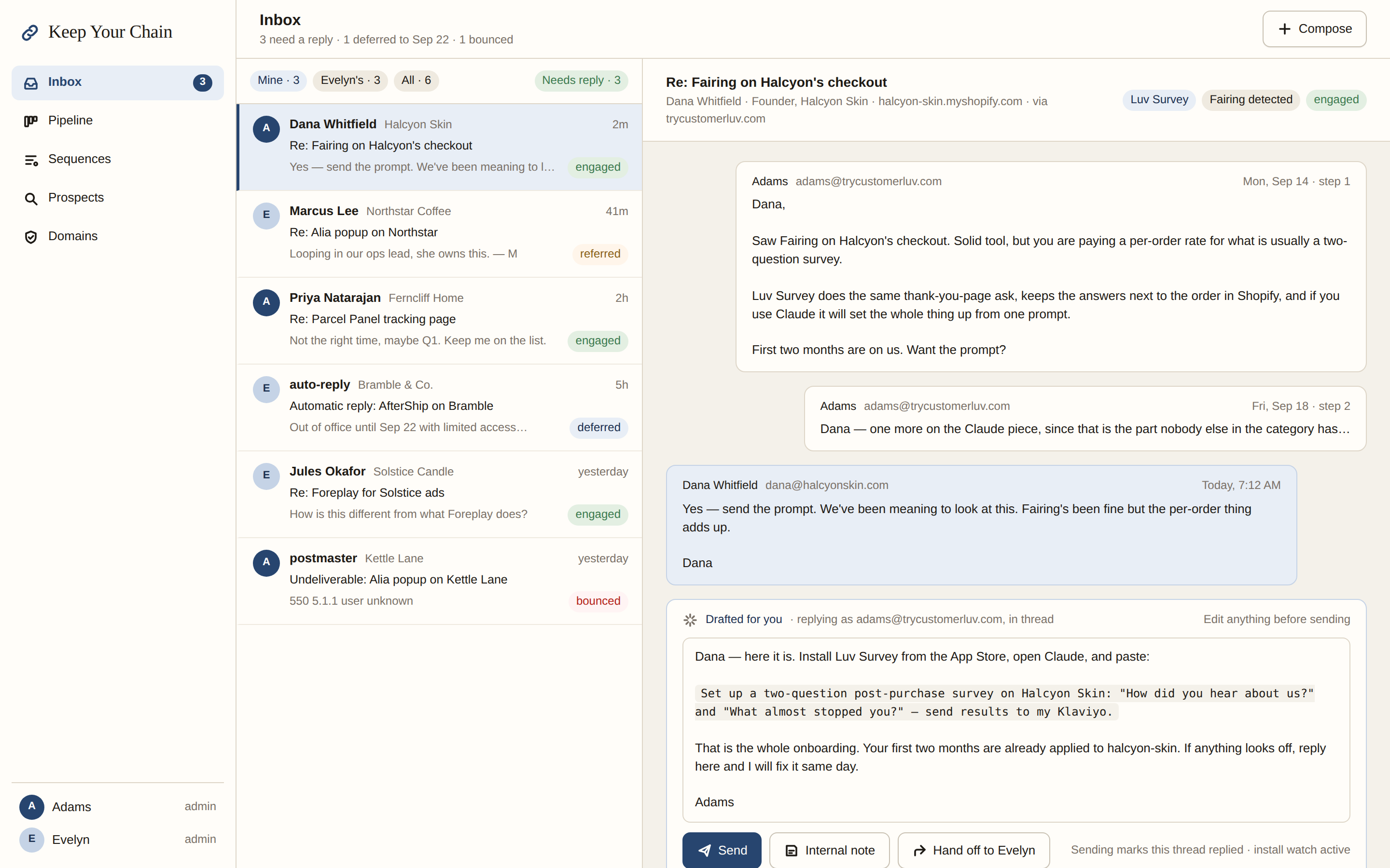 Keep Your Chain inbox showing replies classified as engaged, referred, deferred and bounced, with a drafted reply ready to send